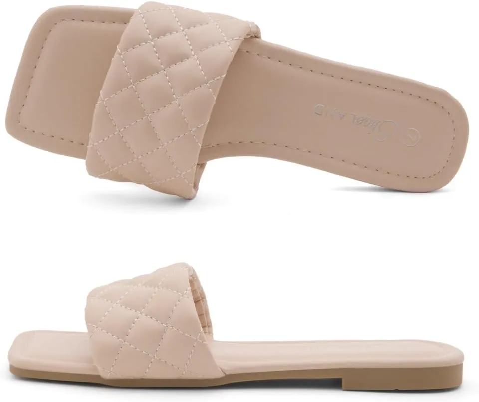 Shoe Land Women’s Flat Sandals – Quilted One-Band Fashion Slides with Square Open Toe & Comfort Footbed | Dressy Casual Slip-On Sandals for Summer, Travel & Daily Wear