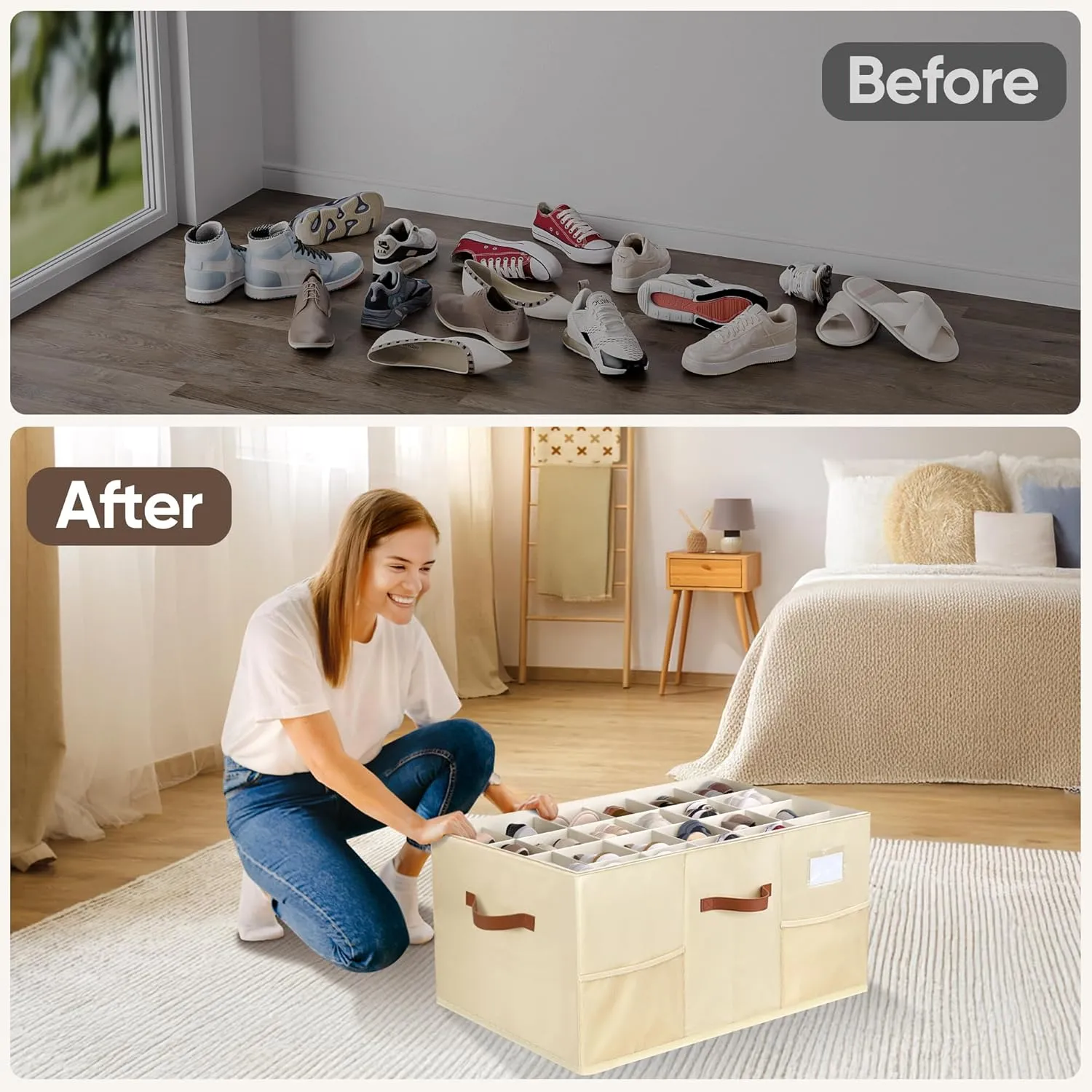 Shoe Organizer for Closet, 2 Pack Shoe Storage Containers with Adjustable Dividers, Space Saving Shoe Box Storage Organizers Bins with Clear Lid & 4 Handles, Fits 24-48 Pairs, Beige