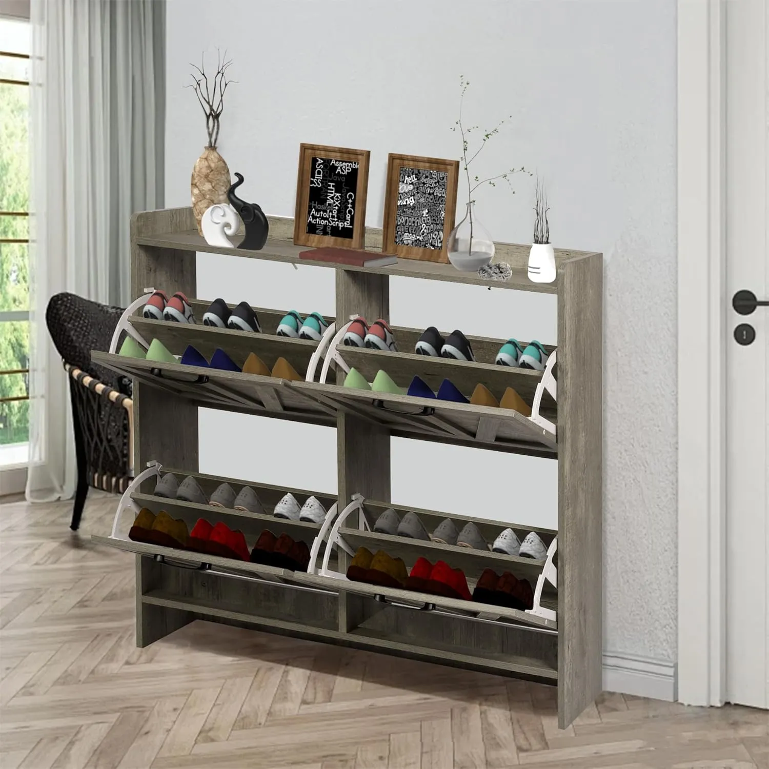Shoe Storage Cabinet for Entryway, Hidden Shoe Rack Cabinet with 4 Flip Drawers, Farmhouse Freestanding Shoe Organizer Shoe Organizer, Wash Grey