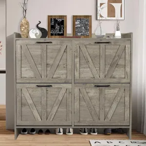 Shoe Storage Cabinet for Entryway, Hidden Shoe Rack Cabinet with 4 Flip Drawers, Farmhouse Freestanding Shoe Organizer Shoe Organizer, Wash Grey