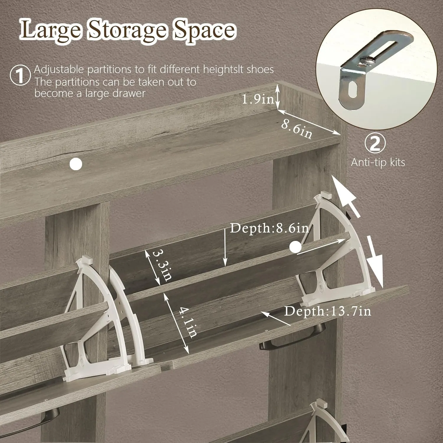 Shoe Storage Cabinet for Entryway, Hidden Shoe Rack Cabinet with 4 Flip Drawers, Farmhouse Freestanding Shoe Organizer Shoe Organizer, Wash Grey