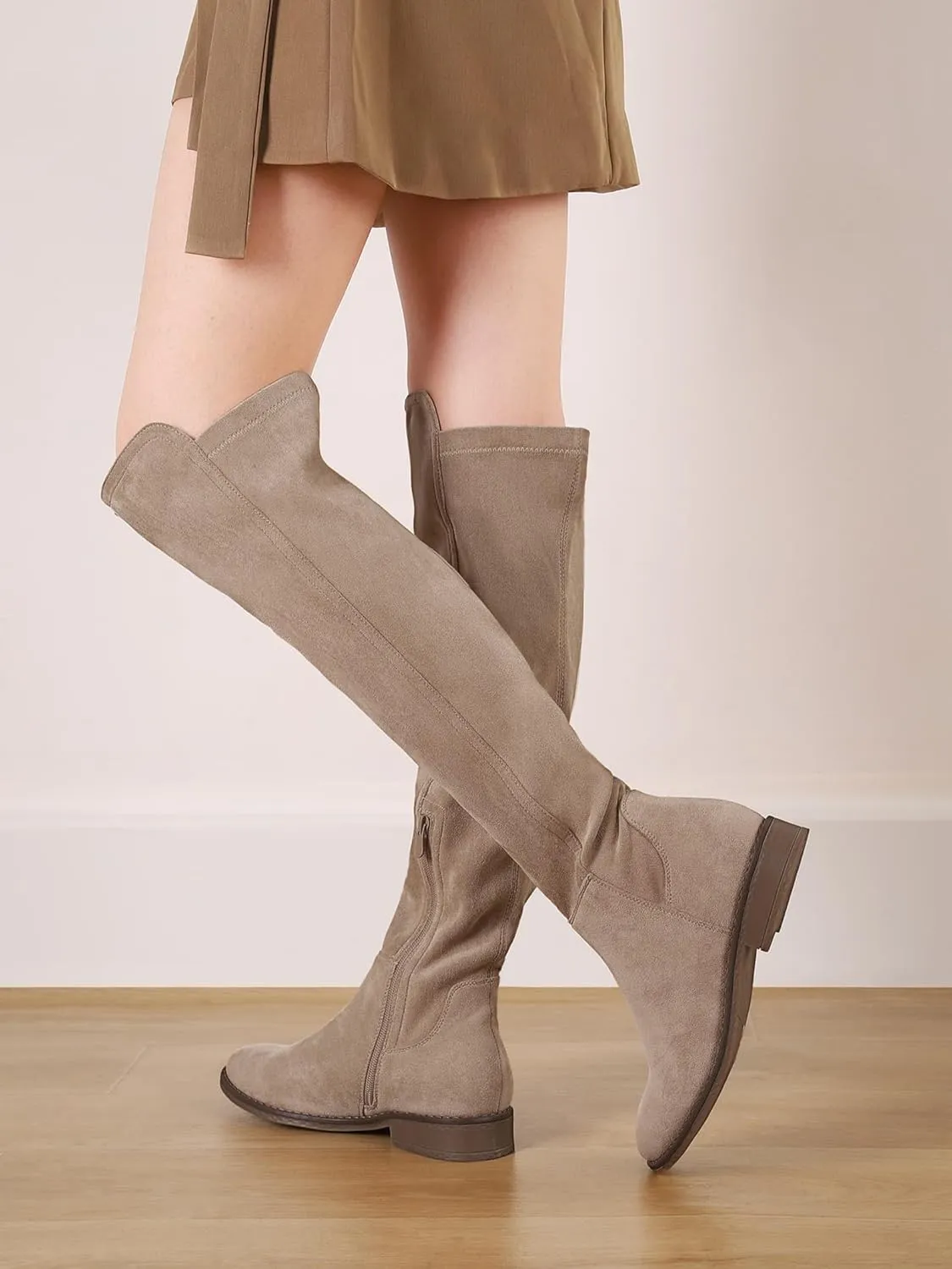 Shoe'N Tale Thigh High Over The Knee Boots for Women Flat Low Heel Fall Winter Stretch Suede Long Round Toe Boots