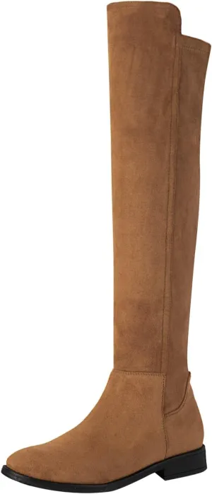 Shoe'N Tale Thigh High Over The Knee Boots for Women Flat Low Heel Fall Winter Stretch Suede Long Round Toe Boots