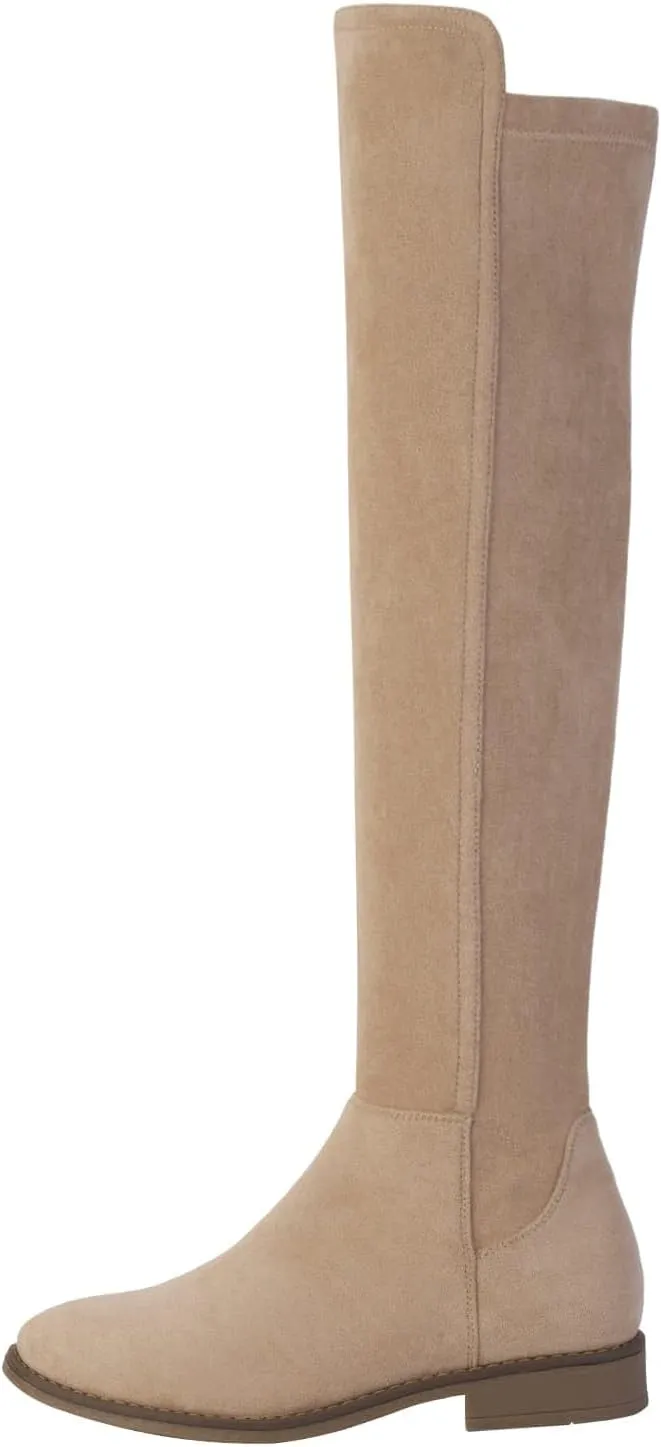 Shoe'N Tale Thigh High Over The Knee Boots for Women Flat Low Heel Fall Winter Stretch Suede Long Round Toe Boots