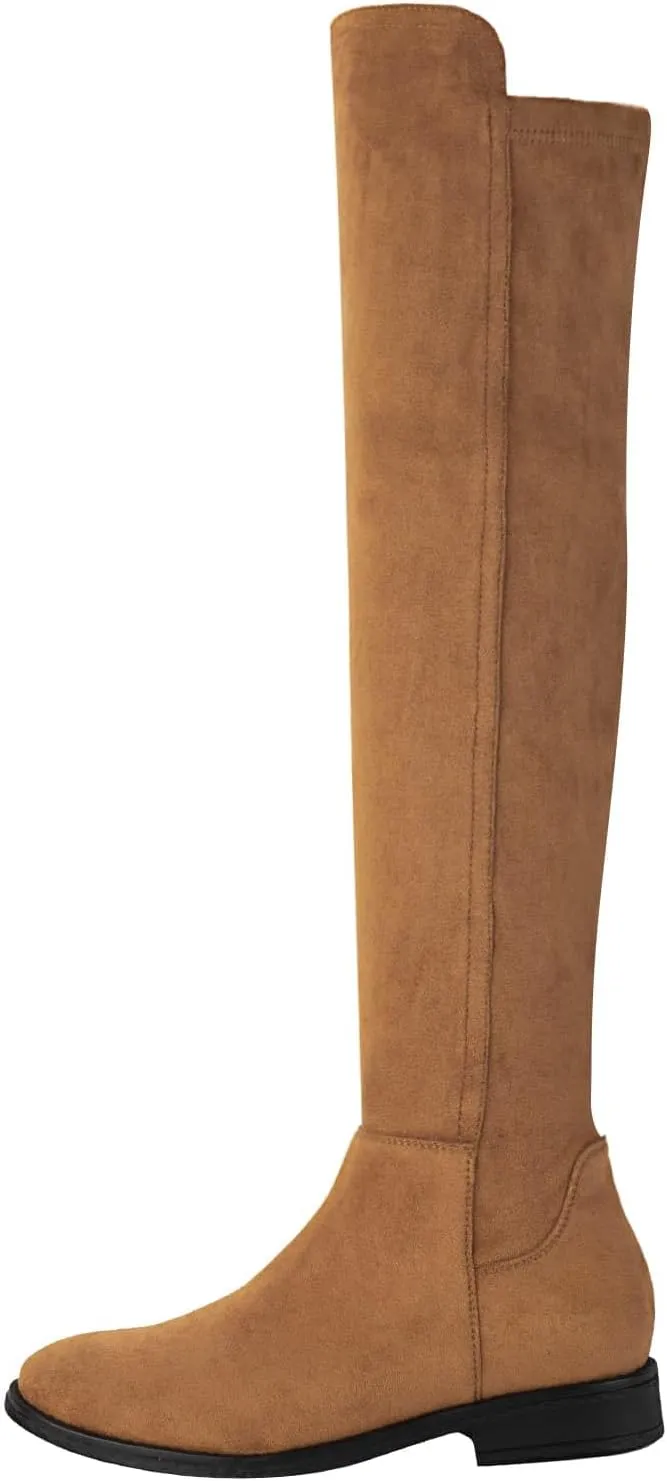 Shoe'N Tale Thigh High Over The Knee Boots for Women Flat Low Heel Fall Winter Stretch Suede Long Round Toe Boots