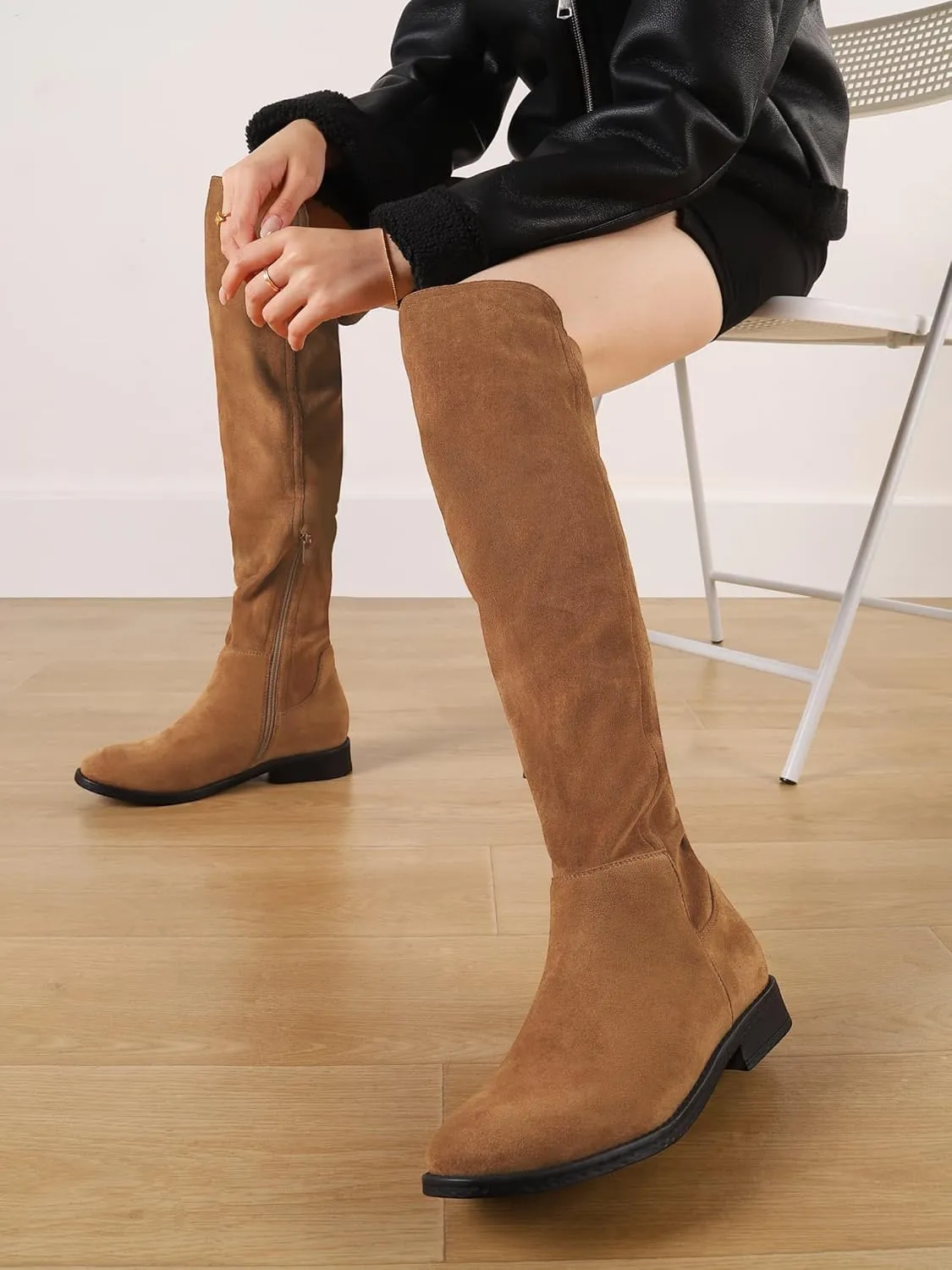 Shoe'N Tale Thigh High Over The Knee Boots for Women Flat Low Heel Fall Winter Stretch Suede Long Round Toe Boots