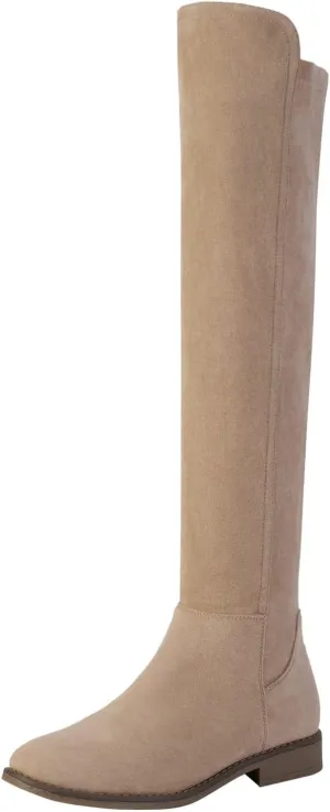 Shoe'N Tale Thigh High Over The Knee Boots for Women Flat Low Heel Fall Winter Stretch Suede Long Round Toe Boots