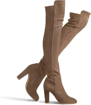 Shoe'N Tale Women Faux Suede Chunky Heel Stretch Over The Knee Thigh High Boots