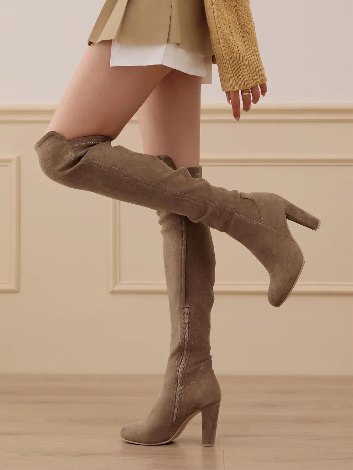 Shoe'N Tale Women Faux Suede Chunky Heel Stretch Over The Knee Thigh High Boots