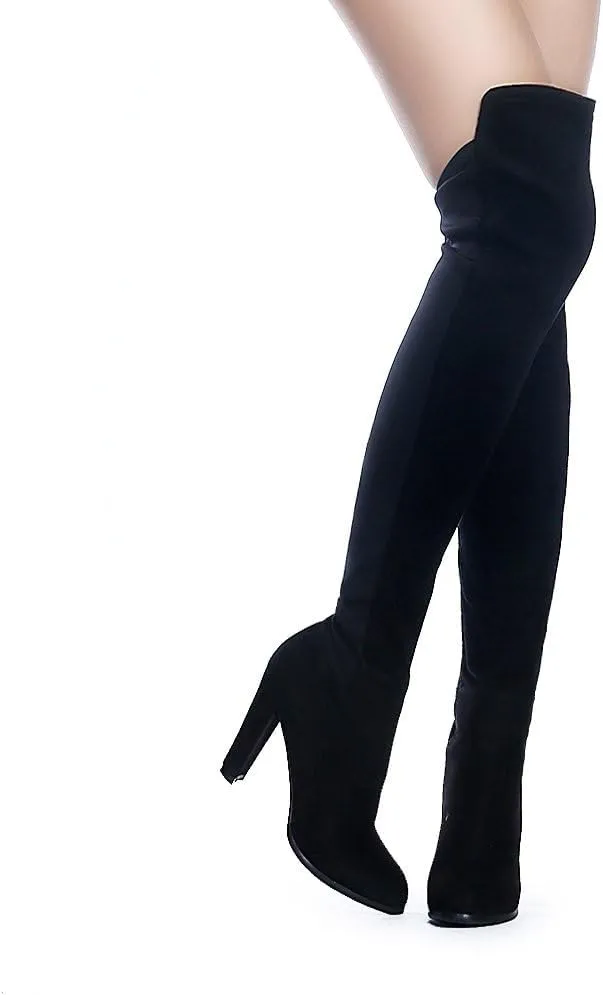 Shoe'N Tale Women Faux Suede Chunky Heel Stretch Over The Knee Thigh High Boots