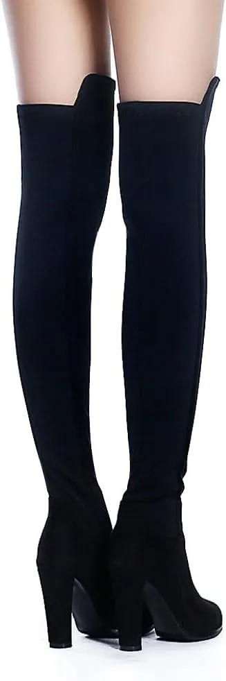 Shoe'N Tale Women Faux Suede Chunky Heel Stretch Over The Knee Thigh High Boots