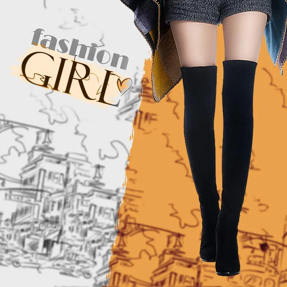 Shoe'N Tale Women Faux Suede Chunky Heel Stretch Over The Knee Thigh High Boots