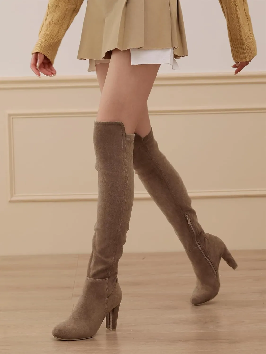 Shoe'N Tale Women Faux Suede Chunky Heel Stretch Over The Knee Thigh High Boots