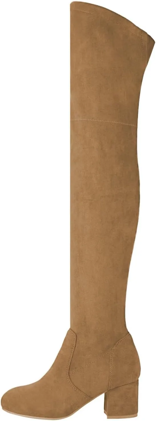 Shoe'N Tale Women Stretch Suede Chunky Block Heel Thigh High Over The Knee Boots