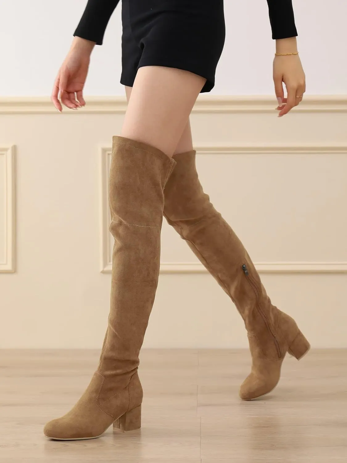 Shoe'N Tale Women Stretch Suede Chunky Block Heel Thigh High Over The Knee Boots