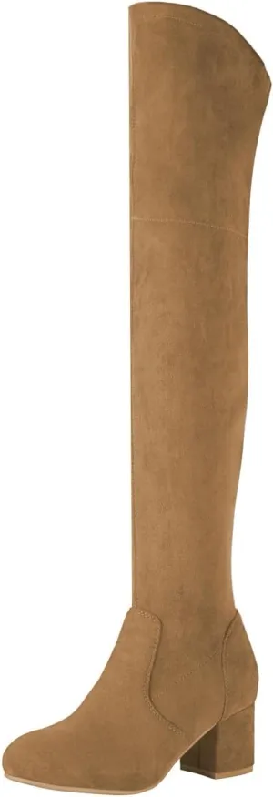 Shoe'N Tale Women Stretch Suede Chunky Block Heel Thigh High Over The Knee Boots