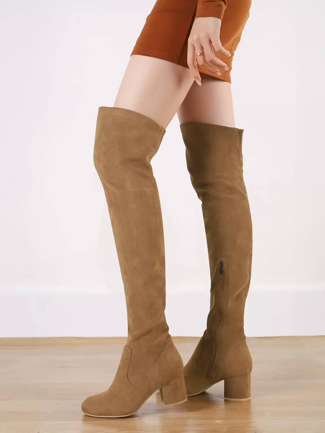 Shoe'N Tale Women Stretch Suede Chunky Block Heel Thigh High Over The Knee Boots