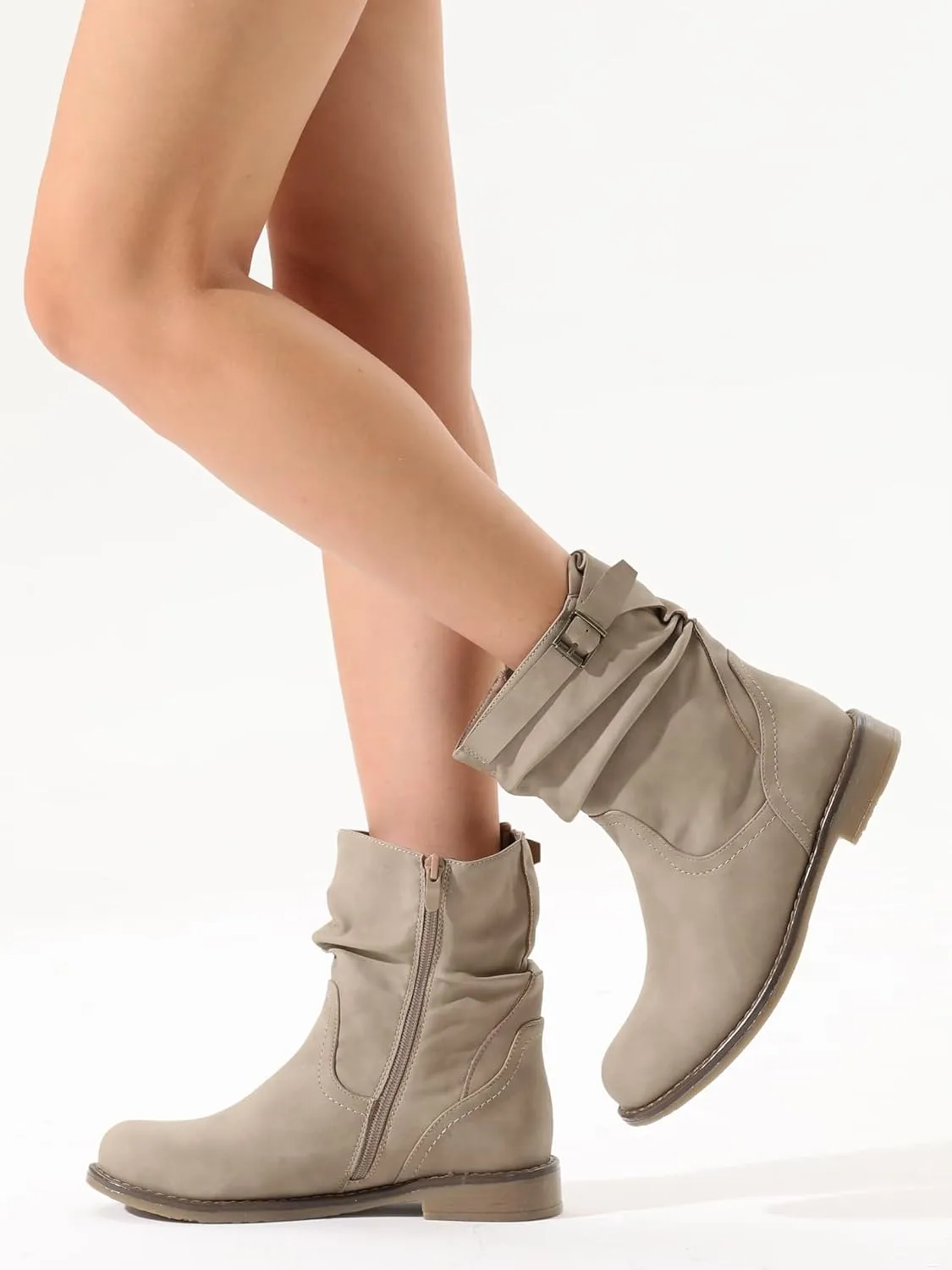 Shoe'N Tale Women's Mid Calf Boots Slouchy Round Toe Flat Low Heel Riding Boots With Side Zipper