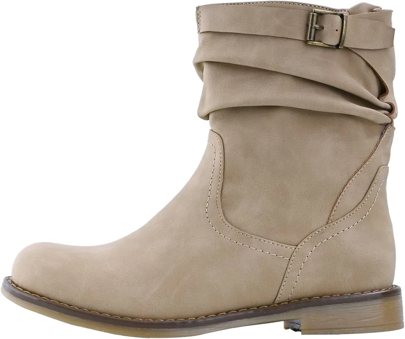 Shoe'N Tale Women's Mid Calf Boots Slouchy Round Toe Flat Low Heel Riding Boots With Side Zipper