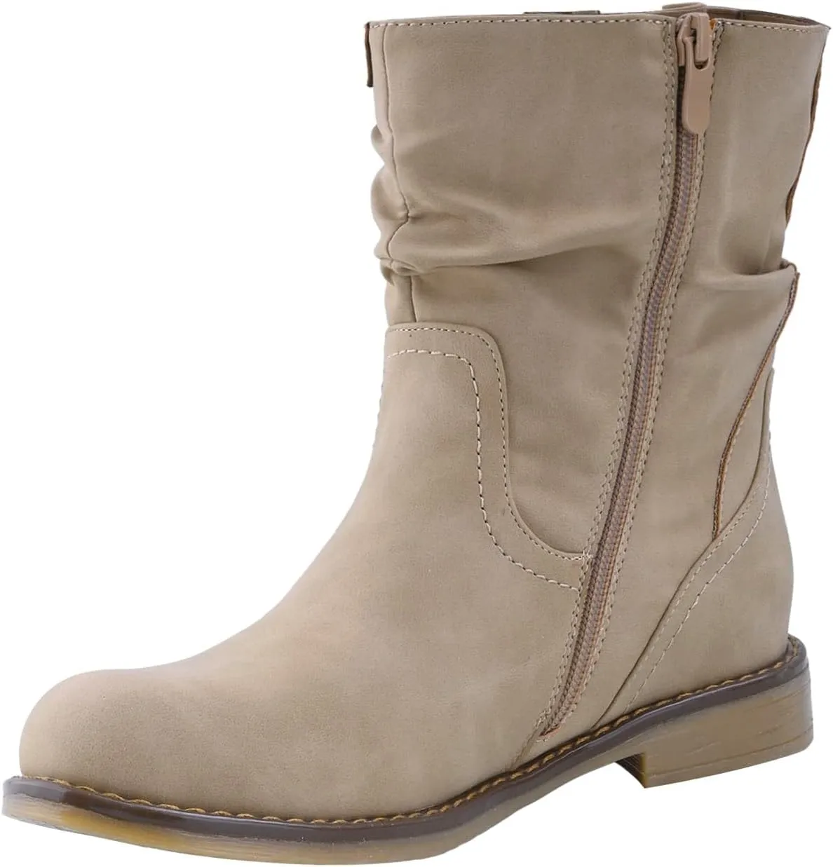 Shoe'N Tale Women's Mid Calf Boots Slouchy Round Toe Flat Low Heel Riding Boots With Side Zipper