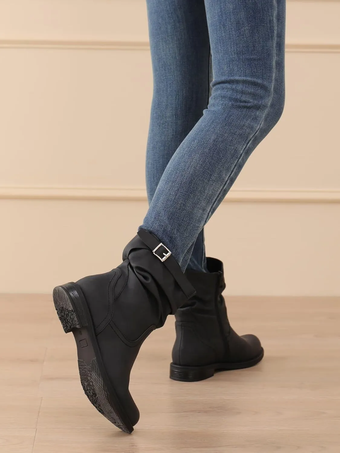 Shoe'N Tale Women's Mid Calf Boots Slouchy Round Toe Flat Low Heel Riding Boots With Side Zipper