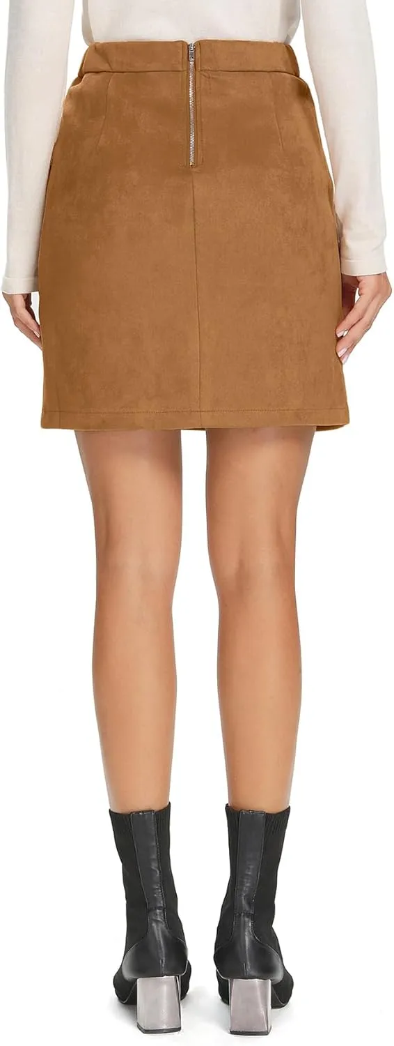 Simplee Women's High Waist Faux Suede Mini Bodycon Skirt