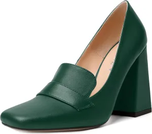 SKYSTERRY Womens Casual Slip On Square Toe Office Matte Block High Heel Loafers Shoes 4 Inch