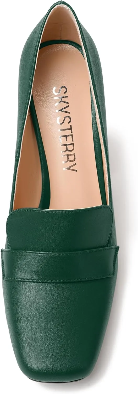 SKYSTERRY Womens Casual Slip On Square Toe Office Matte Block High Heel Loafers Shoes 4 Inch