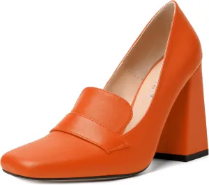 SKYSTERRY Womens Casual Slip On Square Toe Office Matte Block High Heel Loafers Shoes 4 Inch