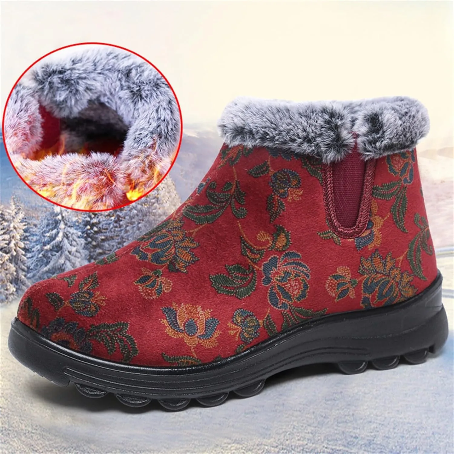 Snow Boot for Women Non-Slip Plush Lined Embroidery Ankle Booties Casual Shoes Winter Padded Warm Women's Boots