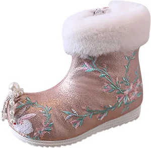 Soft Bottom Boots Baby Girls Ankle Pearl Boots Warm Cotton Boots Embroidered Boots National Boots Cotton (B, 1 Big Kids)