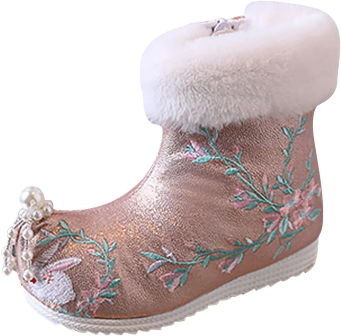 Soft Bottom Boots Baby Girls Ankle Pearl Boots Warm Cotton Boots Embroidered Boots National Boots Cotton (B, 1 Big Kids)