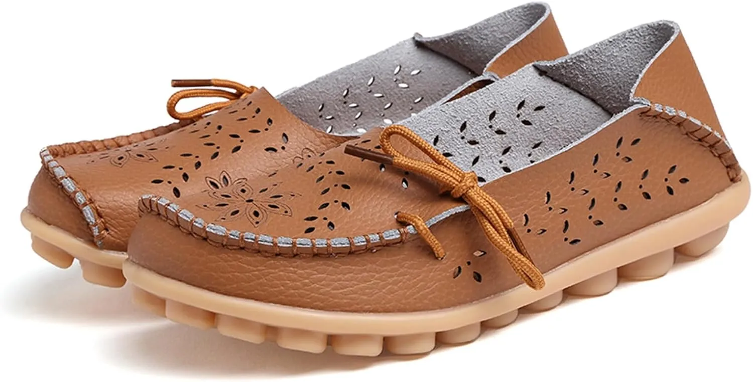Solaud Women's Driving Moccasins Loafers Casual Round Toe Soft Comfortable Leather Loafers Breathable Slip On Walking Shoes