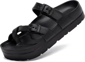 SOSOWHLTE Womens Platform Sandals Adjustable Buckle Summer Arch Support Cushion Slides Woman Lightweight Thick Soles Flat Shoes