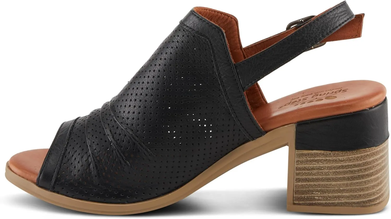 Spring Step NOCTIUM Women's Stacked Heel Sandals with Perforated Leather Upper and Peep-Toe Detail