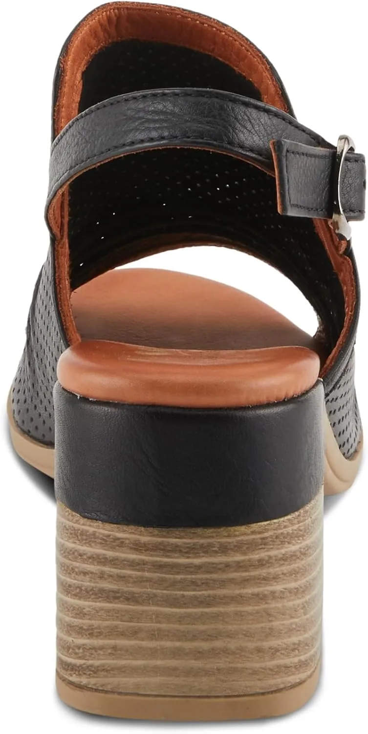Spring Step NOCTIUM Women's Stacked Heel Sandals with Perforated Leather Upper and Peep-Toe Detail