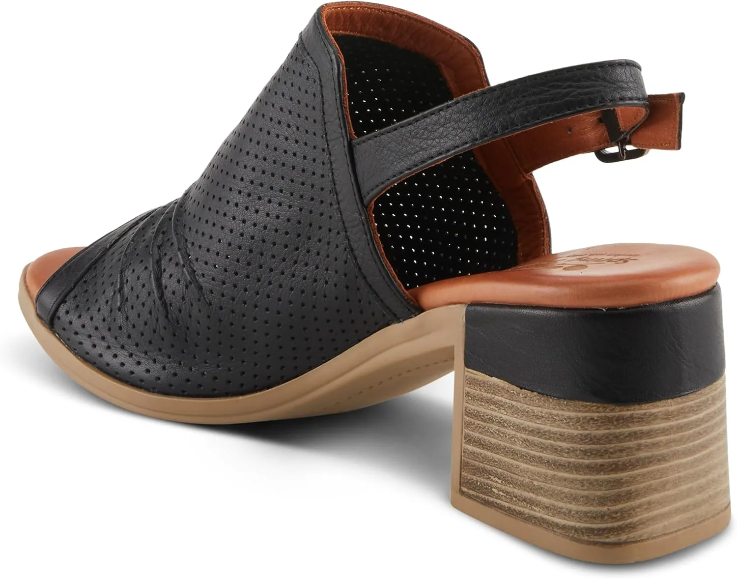 Spring Step NOCTIUM Women's Stacked Heel Sandals with Perforated Leather Upper and Peep-Toe Detail