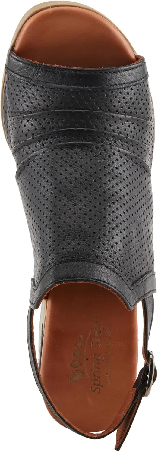 Spring Step NOCTIUM Women's Stacked Heel Sandals with Perforated Leather Upper and Peep-Toe Detail