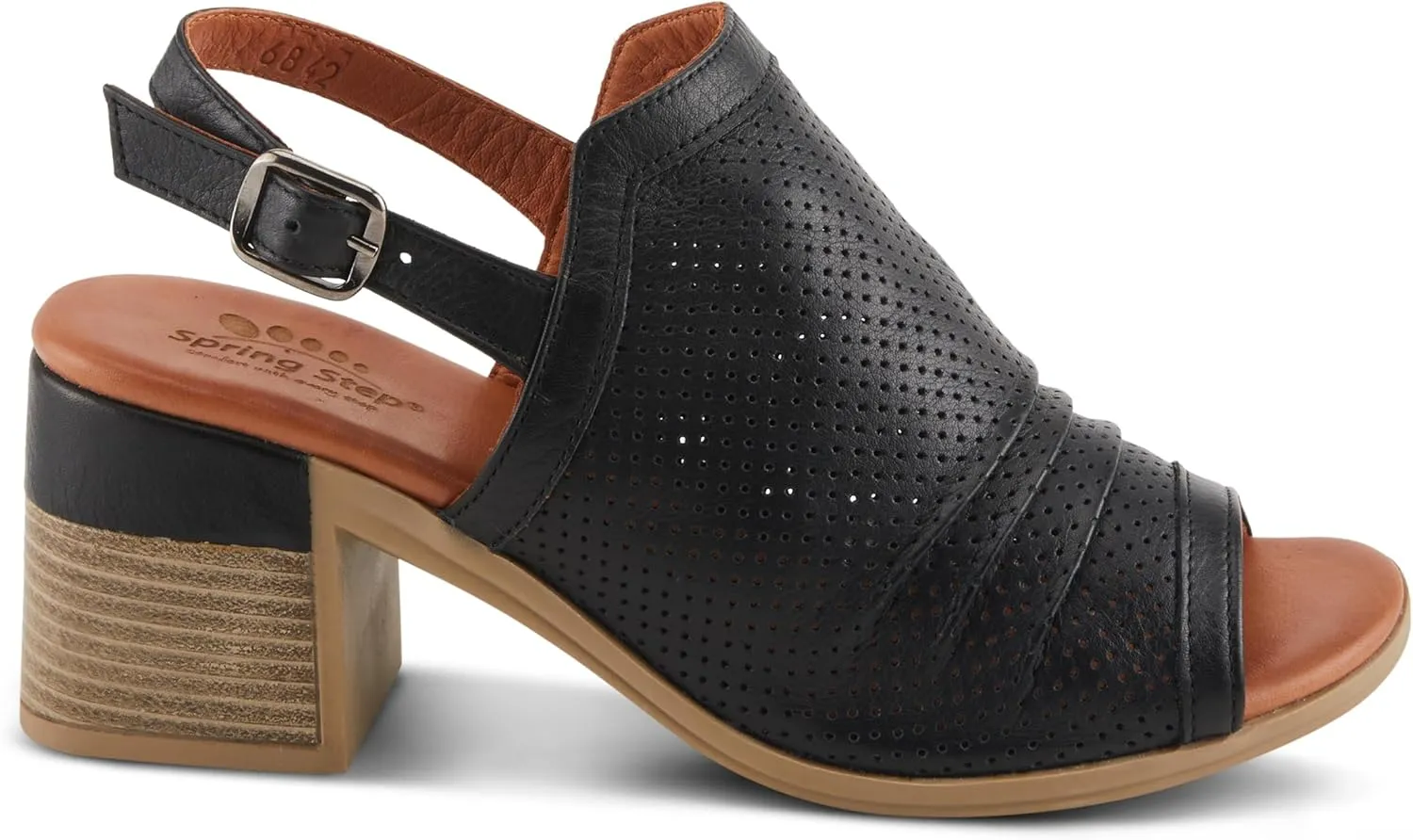 Spring Step NOCTIUM Women's Stacked Heel Sandals with Perforated Leather Upper and Peep-Toe Detail