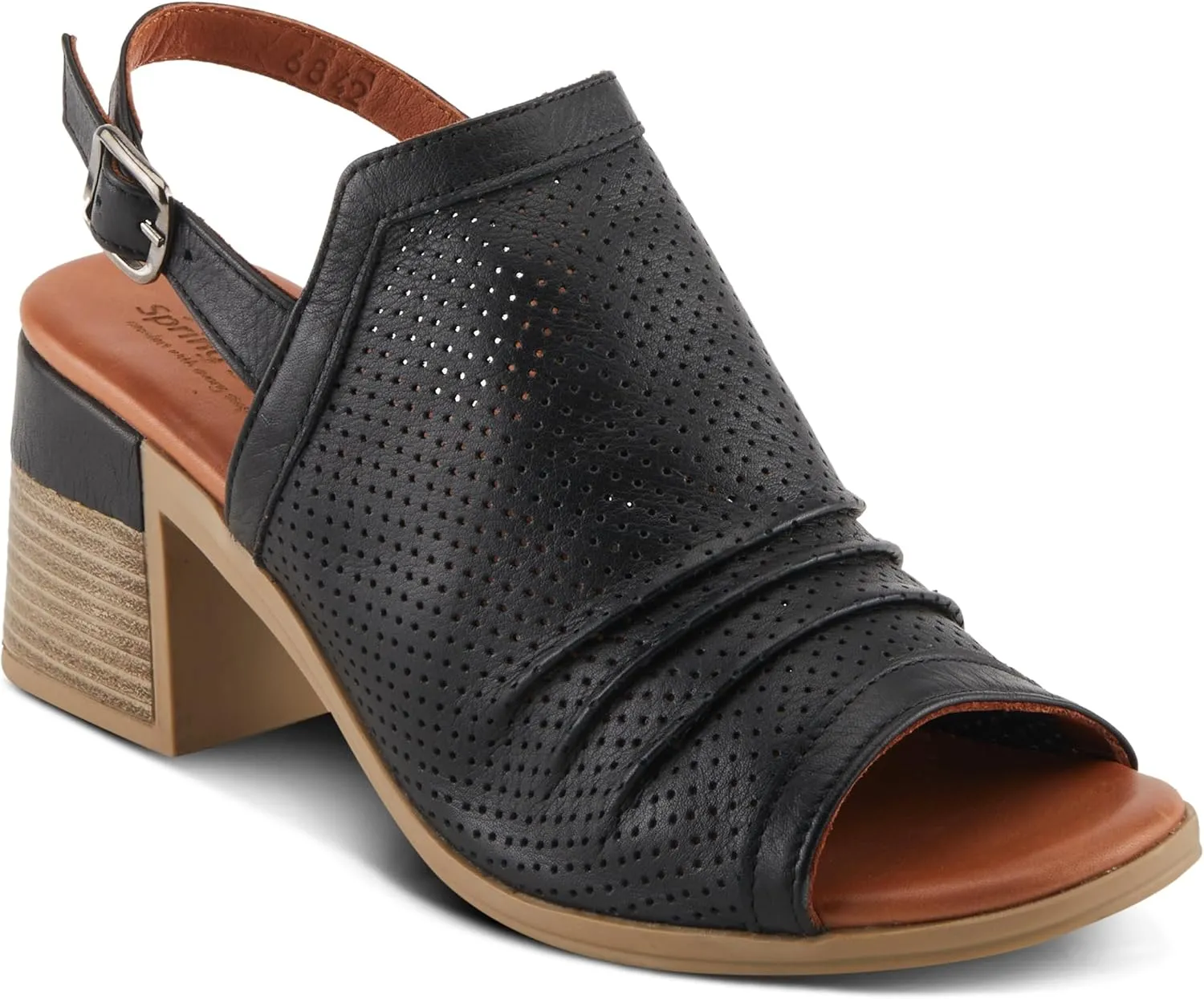 Spring Step NOCTIUM Women's Stacked Heel Sandals with Perforated Leather Upper and Peep-Toe Detail