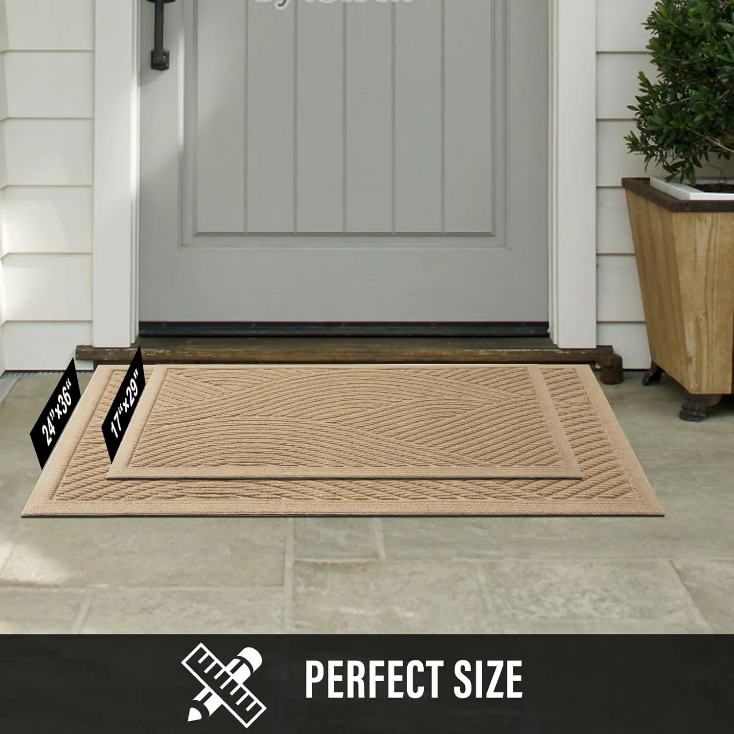 Sturdy Front Door Mat, Absorbent Muddy Dirt Resist Welcome Door Mats Outdoor Indoor, Fade Resistant, Non-Slip Backing Entry Mat Low Profile Doormat for Entryway, 36×24, 2 Pack, Beige