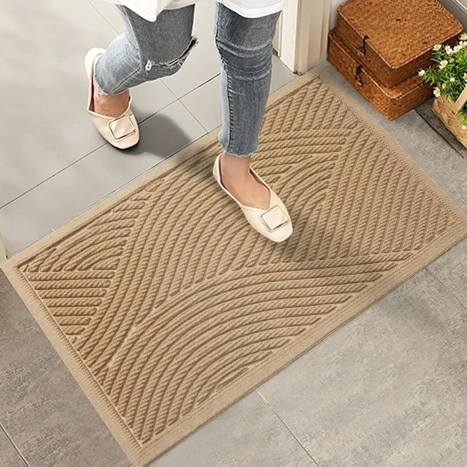Sturdy Front Door Mat, Absorbent Muddy Dirt Resist Welcome Door Mats Outdoor Indoor, Fade Resistant, Non-Slip Backing Entry Mat Low Profile Doormat for Entryway, 36×24, 2 Pack, Beige