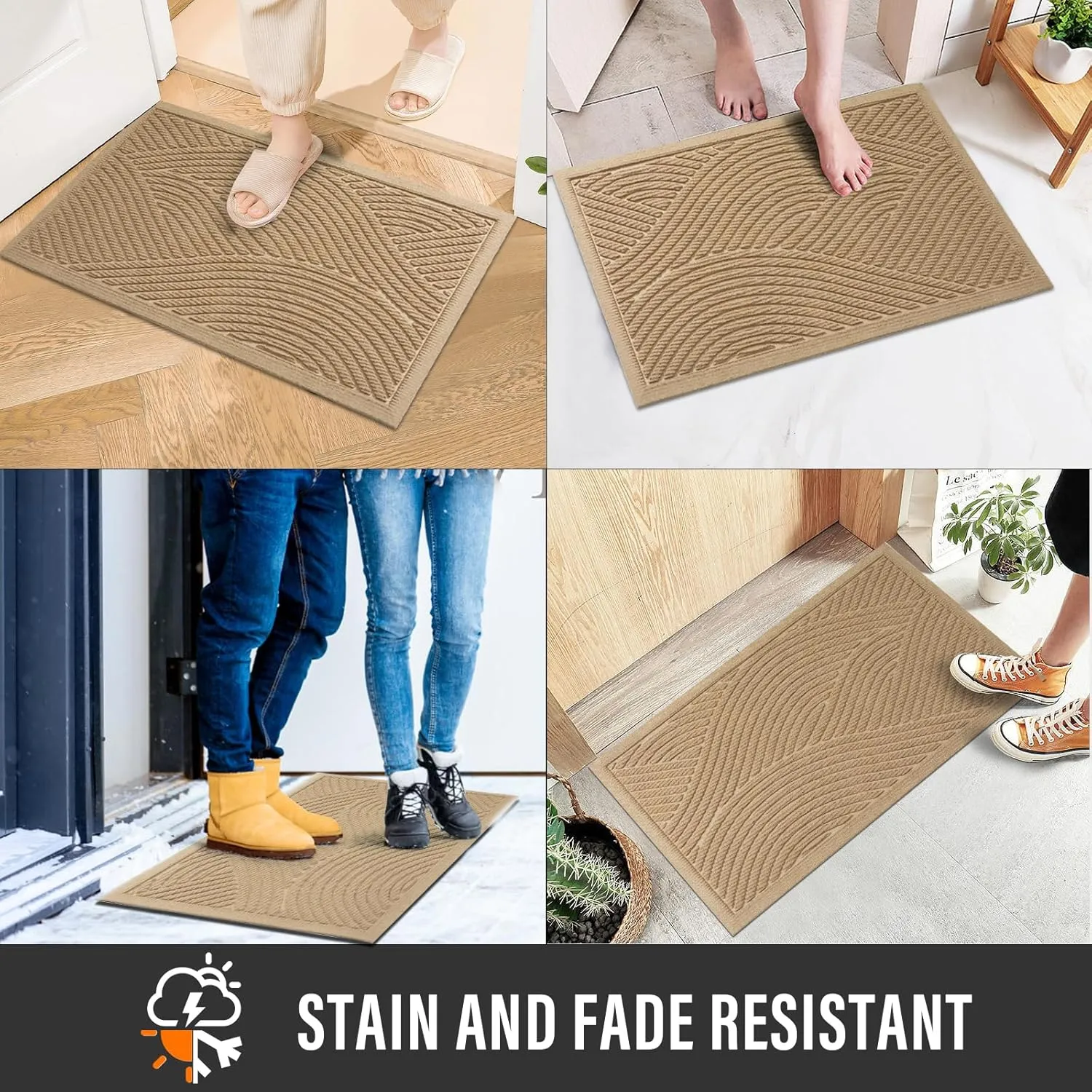 Sturdy Front Door Mat, Absorbent Muddy Dirt Resist Welcome Door Mats Outdoor Indoor, Fade Resistant, Non-Slip Backing Entry Mat Low Profile Doormat for Entryway, 36×24, 2 Pack, Beige