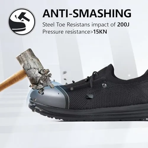 SUADEX Hands Free Slip On Steel Toe Shoes Indestructible Steel Toe Sneakers Lightweight Arch Support Work Safety Shoes Puncture Proof Composite Toe