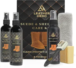 Suede & Nubuck Care Kit – Compatible with UGG Boots – 6-Piece Set: Cleaner & Conditioner, Protector, Deodorizer, Microfiber Cloth, Nubuck Square Brush, 3-Way Brush & Eraser with Carry Case