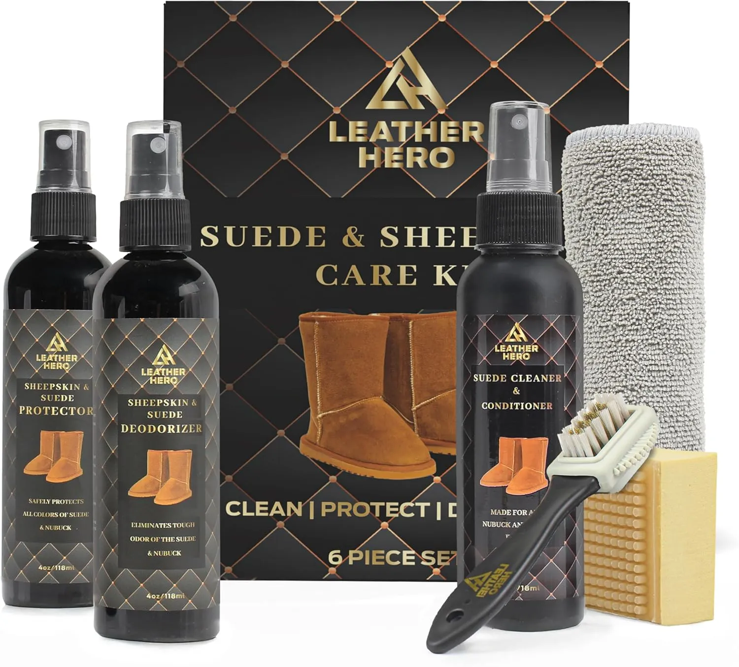 Suede & Nubuck Care Kit – Compatible with UGG Boots – 6-Piece Set: Cleaner & Conditioner, Protector, Deodorizer, Microfiber Cloth, Nubuck Square Brush, 3-Way Brush & Eraser with Carry Case