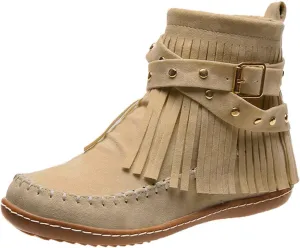 Suede Cowboy Boots Women Short Western Boots Suede Fringe Boots Flat Moccasin Boots Tassel Boots Hippie Boots