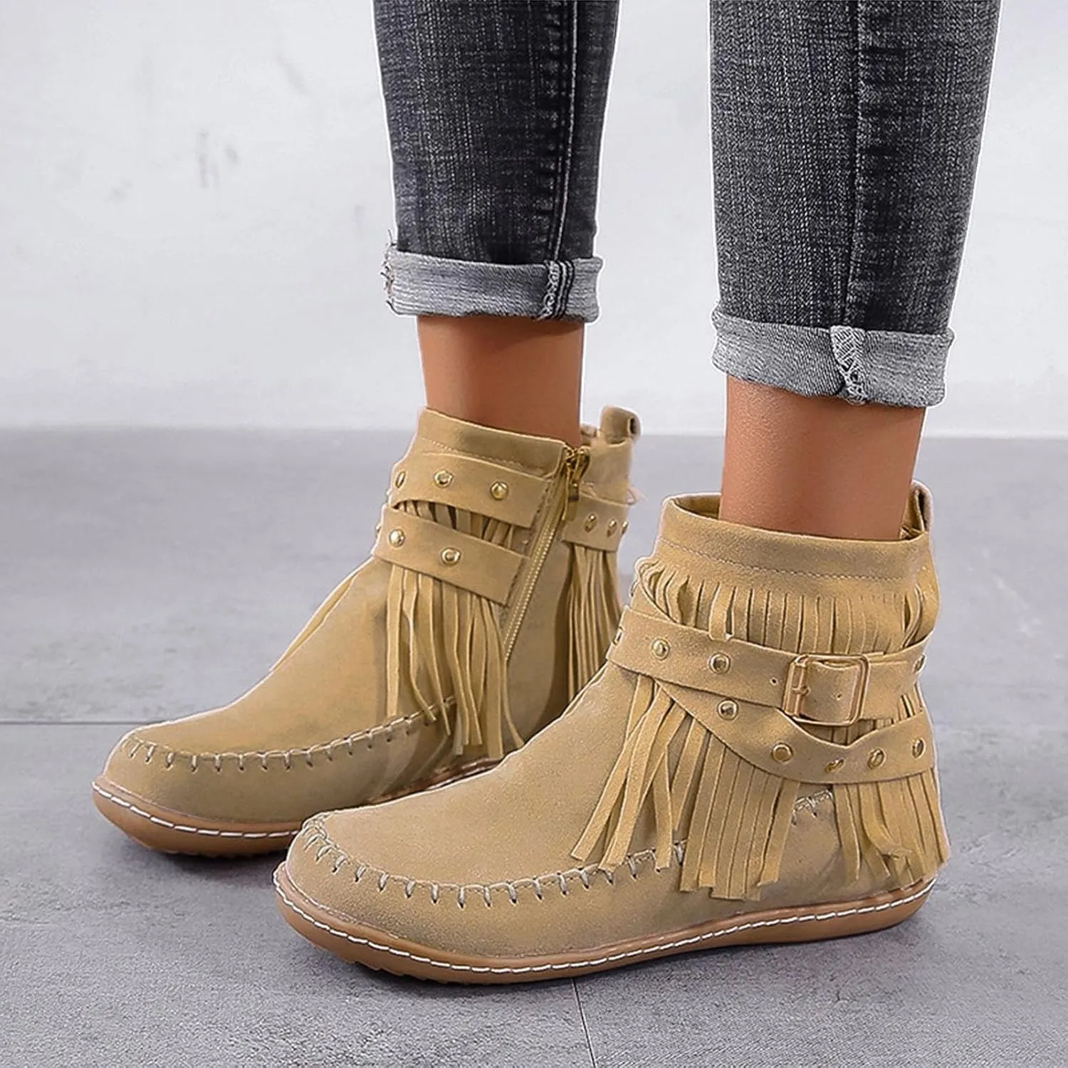 Suede Cowboy Boots Women Short Western Boots Suede Fringe Boots Flat Moccasin Boots Tassel Boots Hippie Boots