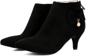 suede pearl bow pointed high heel boots