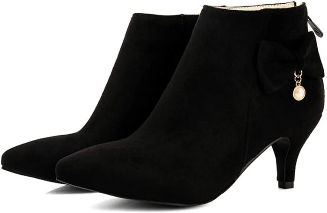 suede pearl bow pointed high heel boots